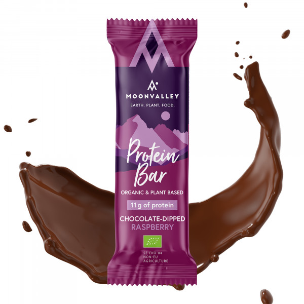 Moonvalley Protein Bar Chocolate-Dipped Raspberry - Proteinriegel Himbeere mit Schokoüberzug (18 x 6